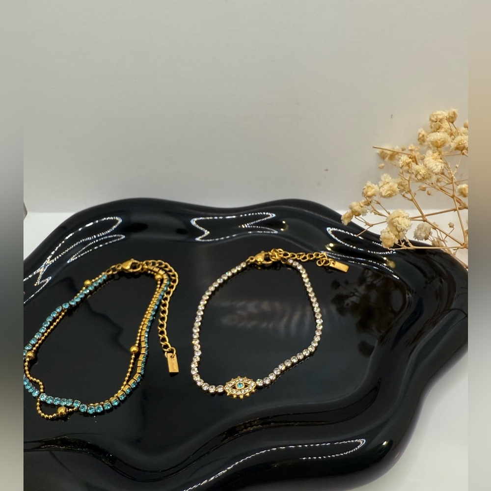 NEW 18K GOLD PLATED EVIL EYE & TURQUOISE TENNIS BRACELET SET